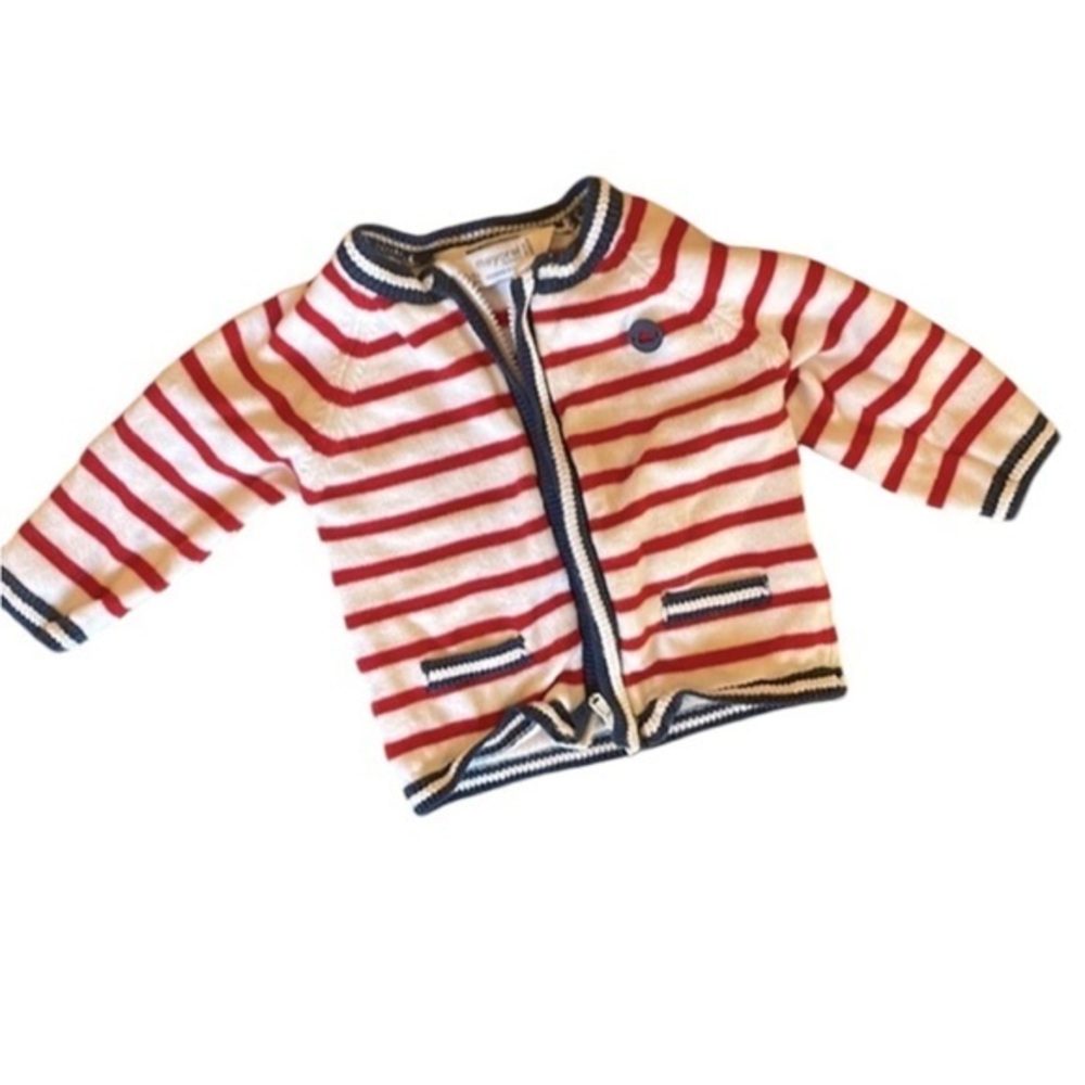 Mayoral Baby Red, White & Blue Knitted White Zipper‎ Sweater with Button